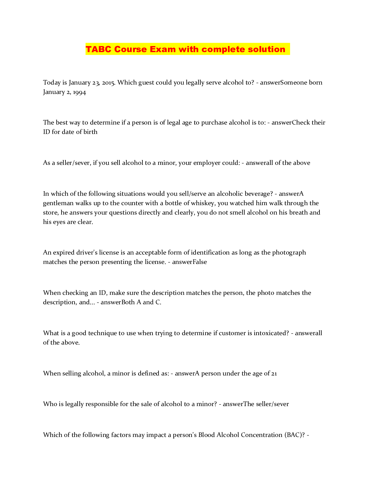 Preview image of TABC Course Exam with complete solution document